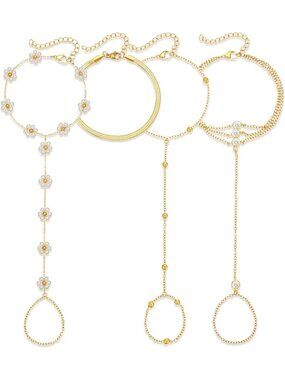 Trendy 6 Pcs Gold Hand Chain Bracelets Set for Women - Adjustable, Non-Tarnish